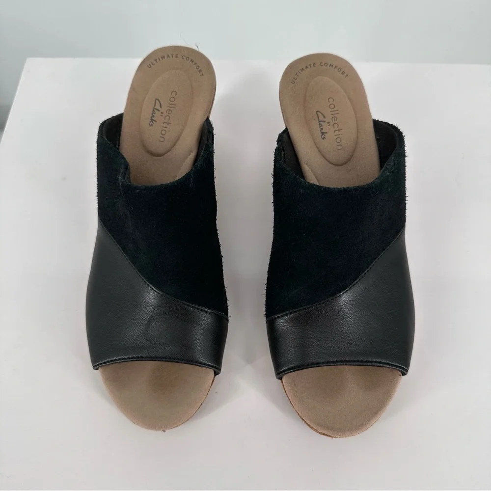 Clarks Lafley Wave Platform Wedge Sandals in Black Suede/Leather size 8 Cork
